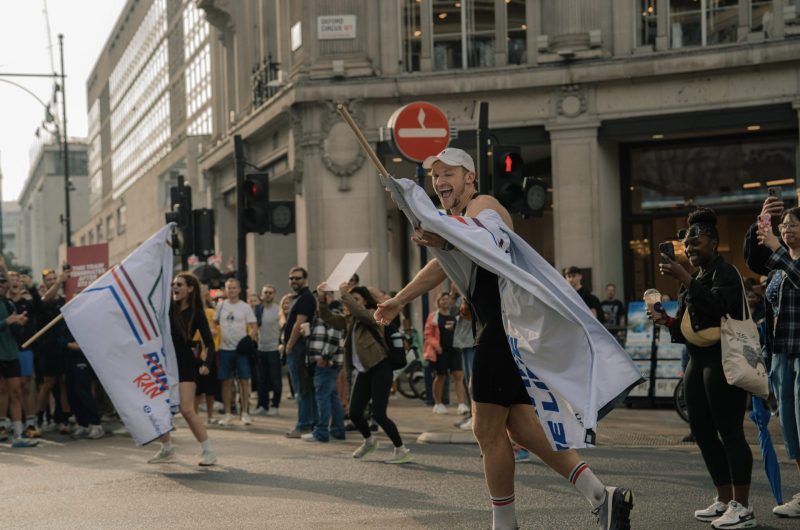 Jonny Davies at the finish line of his "Run The Line" ultramarathon challenge. Credit: Jerry Sun