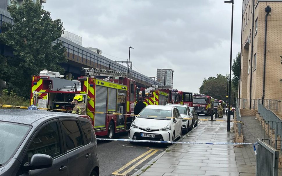 The scene near the block with fire engines in the street