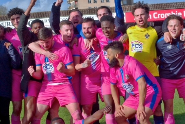 Romford FC players celebrate after reaching this season's FA Vase final at Wembley
