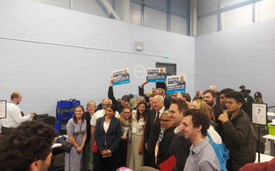 Conservative campaigners celebrating their victory at Chingford and Woodford Green count