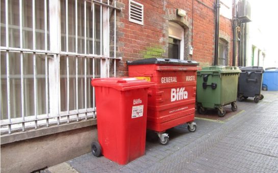 Two red bins on the pavement against a wall