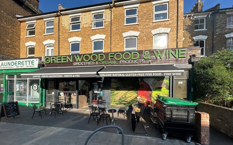 The storefront of Greenwood Food and Wines in London Fields