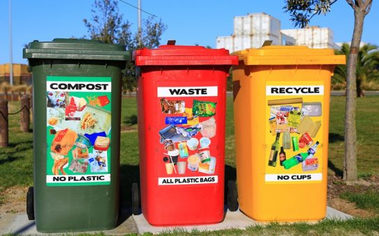 image of three bins, green red and yellow, which are labelled "compost" "waste" and "recycle"