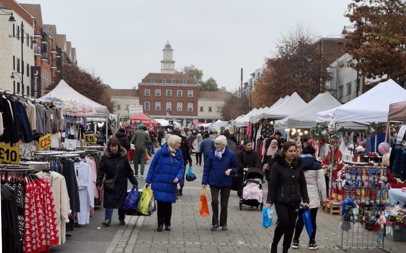 Romford Market, the largest market in Havering, with Romford clock tower in the background