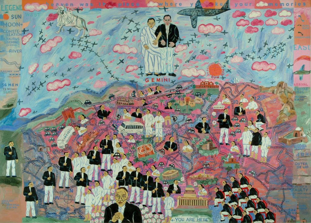 Painting in pale blue and pale pink with men along the bottom and a couple at the top. 