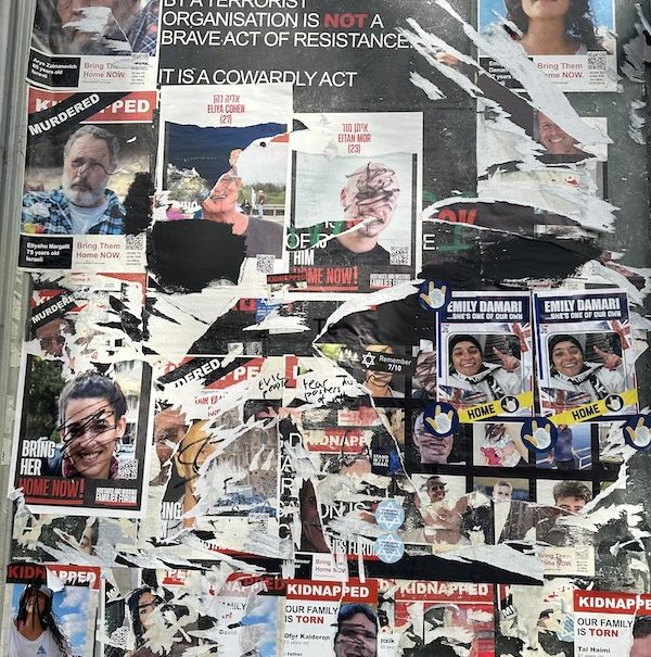 Israeli hostage posters partially vandalised, Hampstead. Photo taken by Jocelin Weiss.