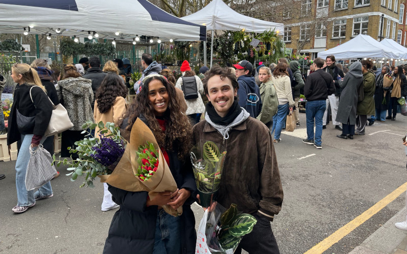 Briony Scarlett and Misia Butler at Columbia Road flower market