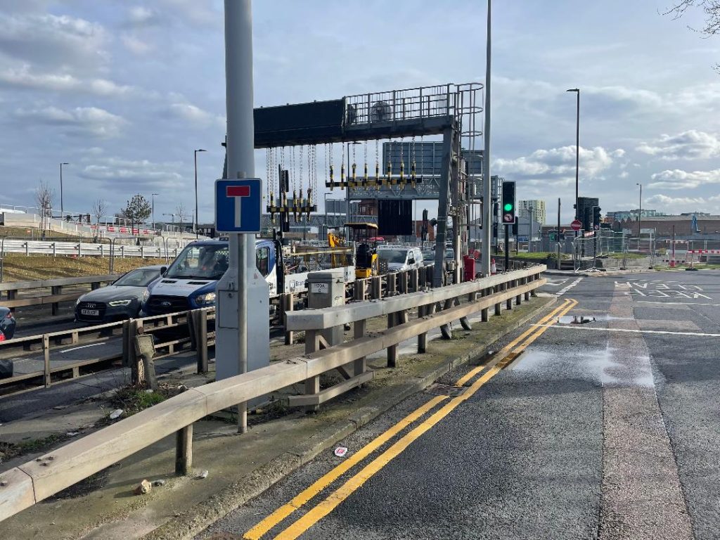 A traffic jam on the road entering the Blackwall Tunnel