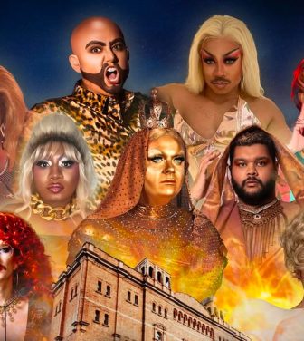 Promotional image for “EastBenders,” a drag show inspired by EastEnders, featuring a group of drag performers dressed as iconic characters from the soap. The performers are styled in dramatic wigs, bold makeup, and glamorous outfits, each embodying different EastEnders personalities. The Clapham Grand, the show’s venue, is prominently featured at the bottom of the image, engulfed in fiery effects, adding a sense of drama and excitement.