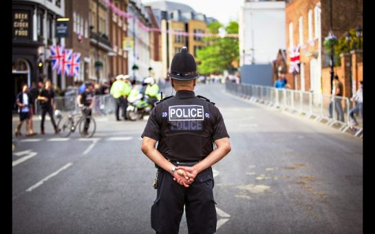 An image of a policeman standing in the middle of the road